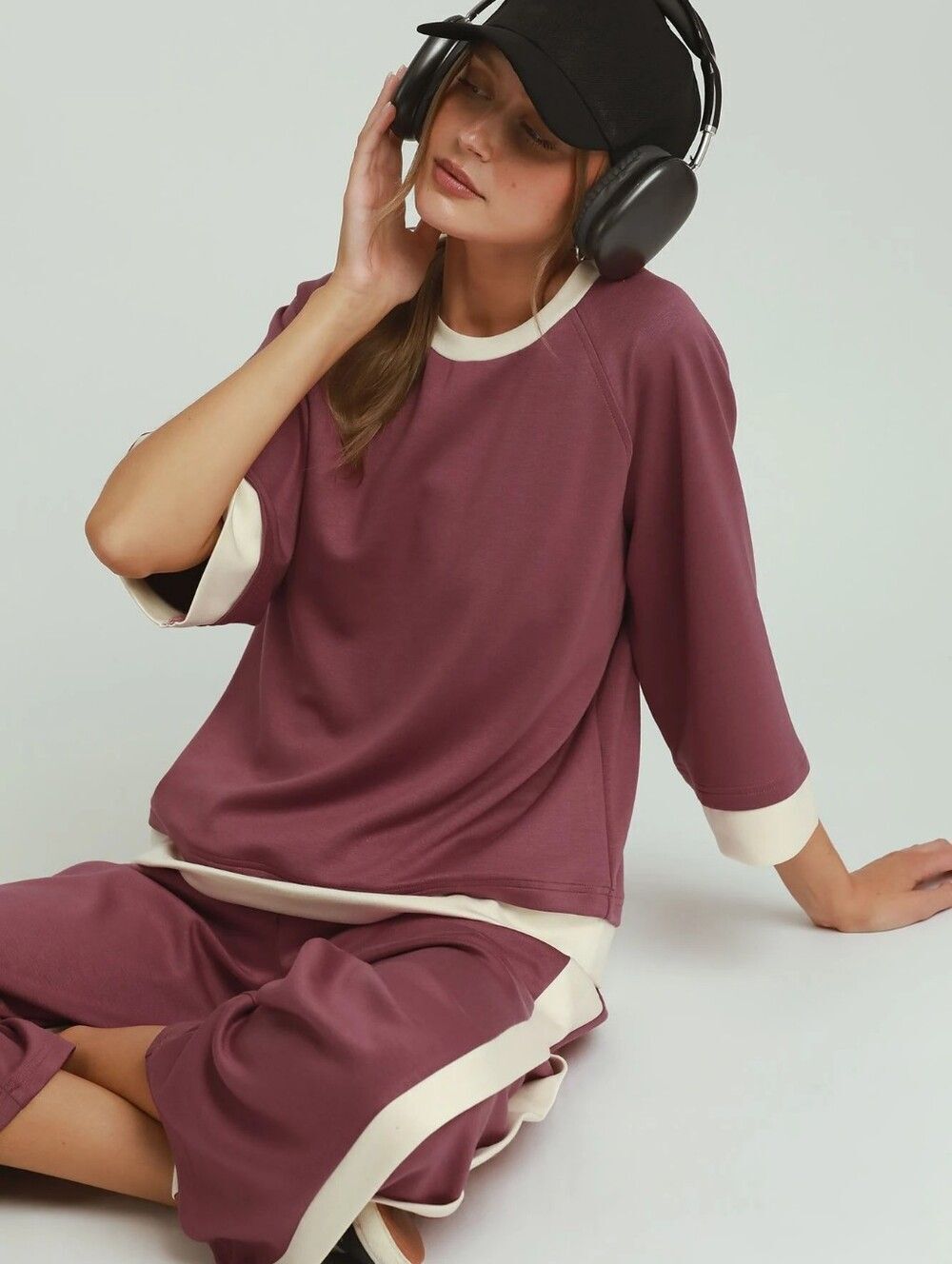 Last Day ◇ Umgee Colorblock Side Stripe Lounge Trouser in Rose w Cream Trim sz L - Picture 3 of 5